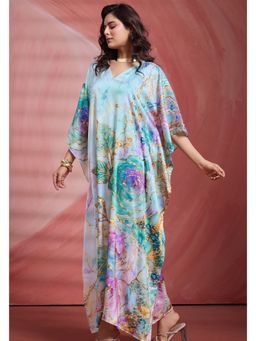 LABEL AARNA - Women Aqua Blue Garden Soft Satin Kaftan Dress