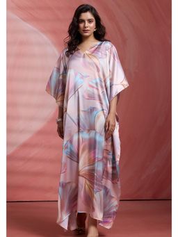 LABEL AARNA - Women Pink Petals Soft Satin Kaftan Dress With Digital Print
