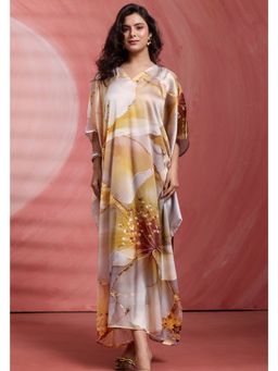 LABEL AARNA - Women Muted Amber Soft Satin Kaftan Dress With Digital Print