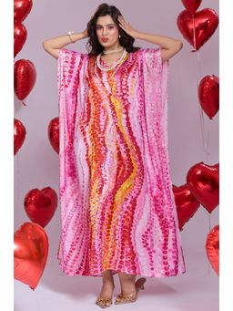 LABEL AARNA - Women Pinkpop Soft Satin Kaftan Dress With Digital Print