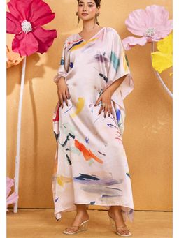 LABEL AARNA - Cream Play Soft Satin Women Kaftan Dress
