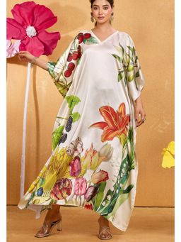 LABEL AARNA - Flemish Off White Women Soft Satin Kaftan Dress