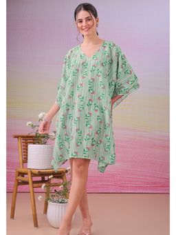 LABEL AARNA - Green Flora Stride Muslin Cotton Short Kaftan Dress