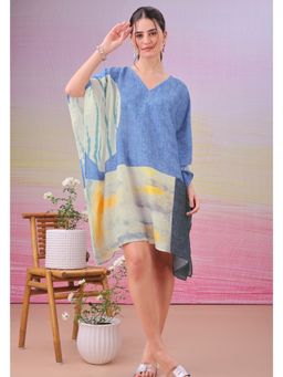 LABEL AARNA - Blue Abstract Eclipse Muslin Cotton Short Kaftan Dress