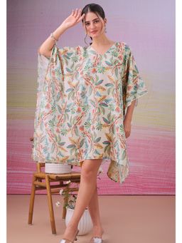 LABEL AARNA - Multicoloured Flora Blanc Muslin Cotton Short Kaftan Dress