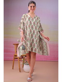 LABEL AARNA - Cream Raga Muslin Cotton Short Kaftan Dress