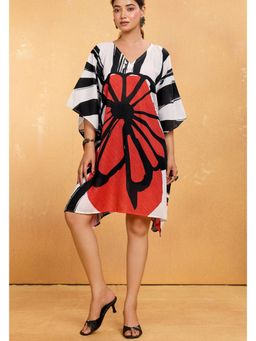 LABEL AARNA - Women Red Eclipse Muslin Cotton Short Kaftan Dress With Digital Print