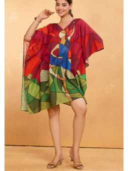 LABEL AARNA - Women Scarlet Twirl Muslin Cotton Short Kaftan Dress With Digital Print