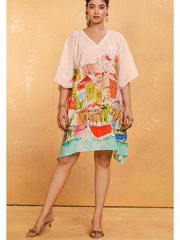 LABEL AARNA - Coastal Sketch White Women Muslin Cotton Short Kaftan Dress