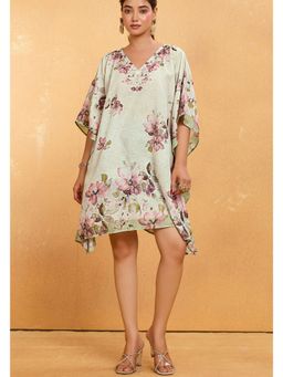 LABEL AARNA - Green Women Floral Tale Muslin Cotton Short Kaftan Dress