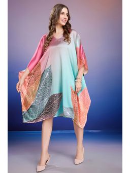 LABEL AARNA - Seafoam Leaf Soft Satin Short Kaftan Dress With Digital Print