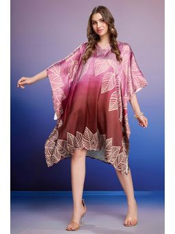 LABEL AARNA - Frosted Scarlet Maroon Soft Satin Short Kaftan Dress