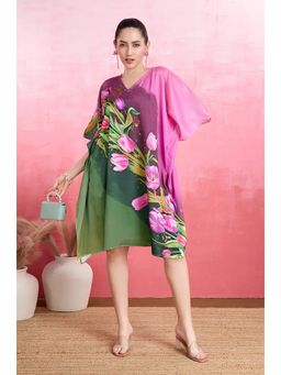 LABEL AARNA - Magenta Flora Soft Satin Short Kaftan Dress