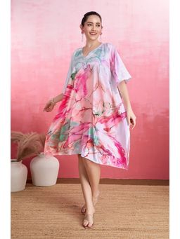 LABEL AARNA - Rosy Cloud Soft Satin Short Kaftan Dress