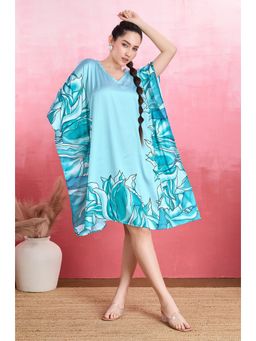 LABEL AARNA - Blue Aquatic Garden Soft Satin Short Kaftan Dress
