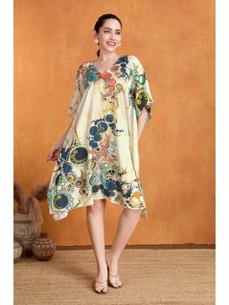 LABEL AARNA - Beige Cosmic Circles Soft Satin Short Kaftan Dress