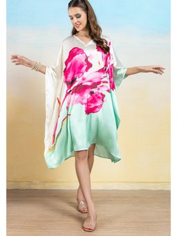 LABEL AARNA - Eden Blue Women Blossom Soft Satin Short Kaftan Dress