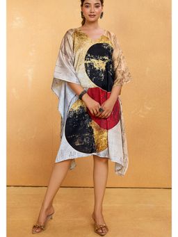 LABEL AARNA - Women Red Moon Soft Satin Short Kaftan Dress With Digital Print