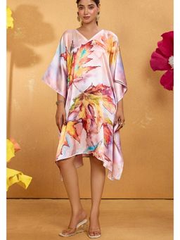 LABEL AARNA - Women Saffron Bloom Soft Satin Short Kaftan Dress With Digital Print