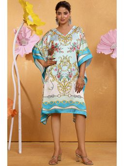 LABEL AARNA - Women Sky Jewel Soft Satin Short Kaftan Dress With Digital Print