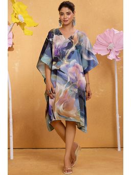 LABEL AARNA - Dreamland Navy Blue Women Soft Satin Short Kaftan Dress