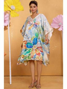 LABEL AARNA - Women Prismatic Petals Soft Satin Short Kaftan Dress With Digital Print
