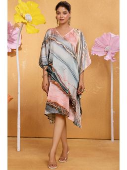 LABEL AARNA - Women Smoky Pink Soft Satin Short Kaftan Dress With Digital Print