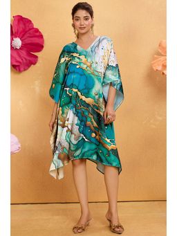 LABEL AARNA - Women Aqua Blue Marble Soft Satin Short Kaftan Dress