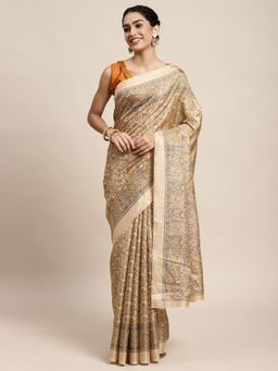 Sareemall - Khadi Silk Yellow Printed Celebrity Saree With Unstitched Blouse