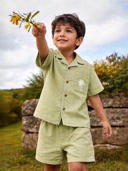 Somersault - Boys Solid Green Cotton Shirt with Shorts