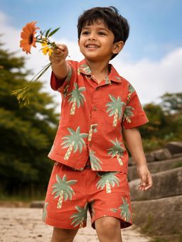 Somersault - Boys All Over Printed Rust Cotton Shirt with Shorts
