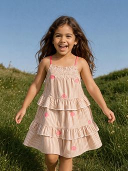 Somersault - Girls Stripe Brown Cotton Strappy A-Line Dress