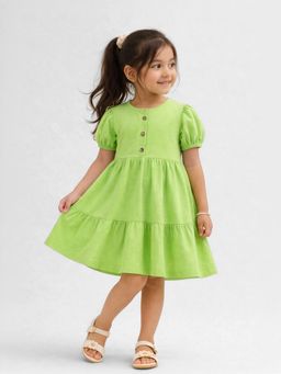 Somersault - Girls Solid Green Cotton Half Sleeve Fit and Flare Dress