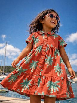 Somersault - Girls All Over Printed Rust Cotton Half Sleeve Fit and Flare Dress