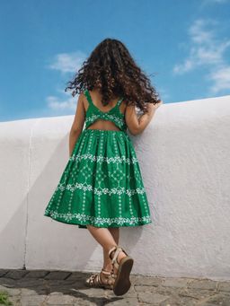Somersault - Girls Schiffli Green Cotton Fit and Flare Dress