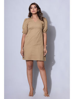 MEGASA - Women Beige Organic Cotton Half Sleeves Dress