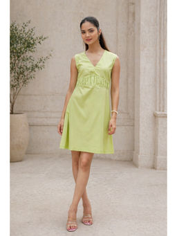 MEGASA - Women Green Cotton Linen Sleeveless Dress