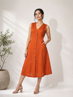 MEGASA - Women Rust Organic Cotton Sleeveless Dress