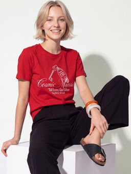 max - Women Red Pure Cotton Half Sleeves T-Shirt