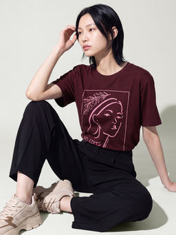 max - Women Wine Pure Cotton Half Sleeves T-Shirt