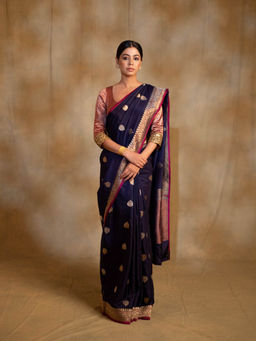 PRIYANKA RAAJIV - Arshiya Navy Blue Silk Brocade Banarasi Kadua Saree with Unstitched Blouse