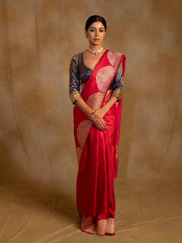 PRIYANKA RAAJIV - Bhagwati Red-Pink Shot Silk Mashroo Banarasi Saree with Unstitched Blouse