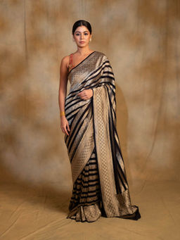 PRIYANKA RAAJIV - Chaitra Navy Blue Silk Banarasi Floral Design Saree with Unstitched Blouse