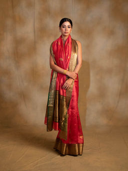 PRIYANKA RAAJIV - Deepa Red Silk Chanderi Saree with Unstitched Blouse
