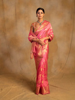 PRIYANKA RAAJIV - Deepa Pink Silk Chanderi Saree with Unstitched Blouse