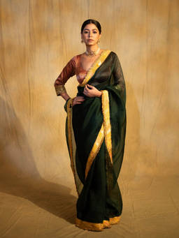 PRIYANKA RAAJIV - Dooj Bottle Green Silk Organza Saree without Blouse