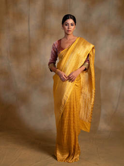 PRIYANKA RAAJIV - Gudi Canary Yellow Silk Georgette Banarasi Saree with Unstitched Blouse