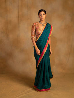 PRIYANKA RAAJIV - Holi Teal Textured Silk Crepe Saree without Blouse
