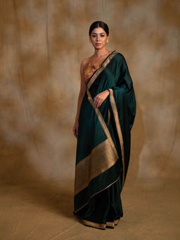 PRIYANKA RAAJIV - Jayanti Deep Green Mashru Silk Banarasi Saree with Unstitched Blouse
