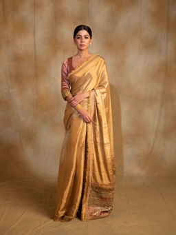 PRIYANKA RAAJIV - Purnima Gold Silk Tissue Chanderi Saree with Unstitched Blouse